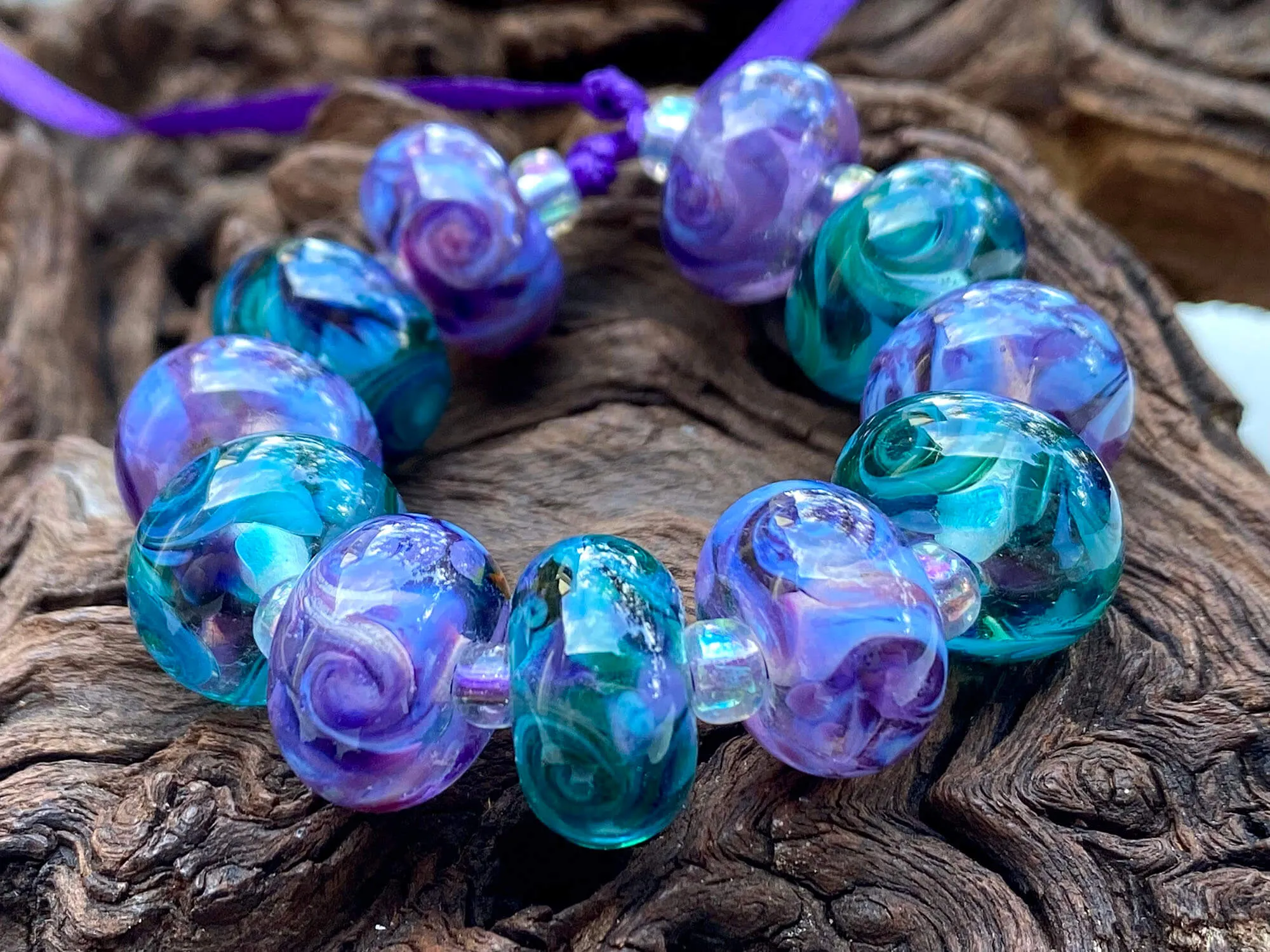 11 Purple & Teal Green Swirl Lampwork Beads Set SRA