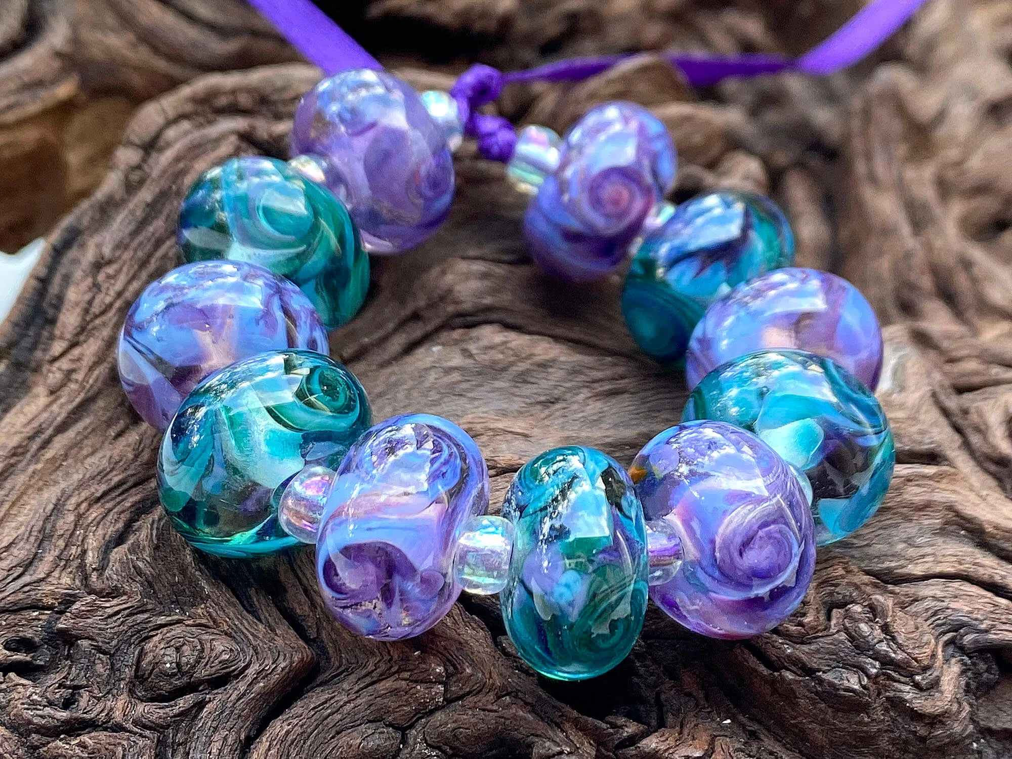11 Purple & Teal Green Swirl Lampwork Beads Set SRA