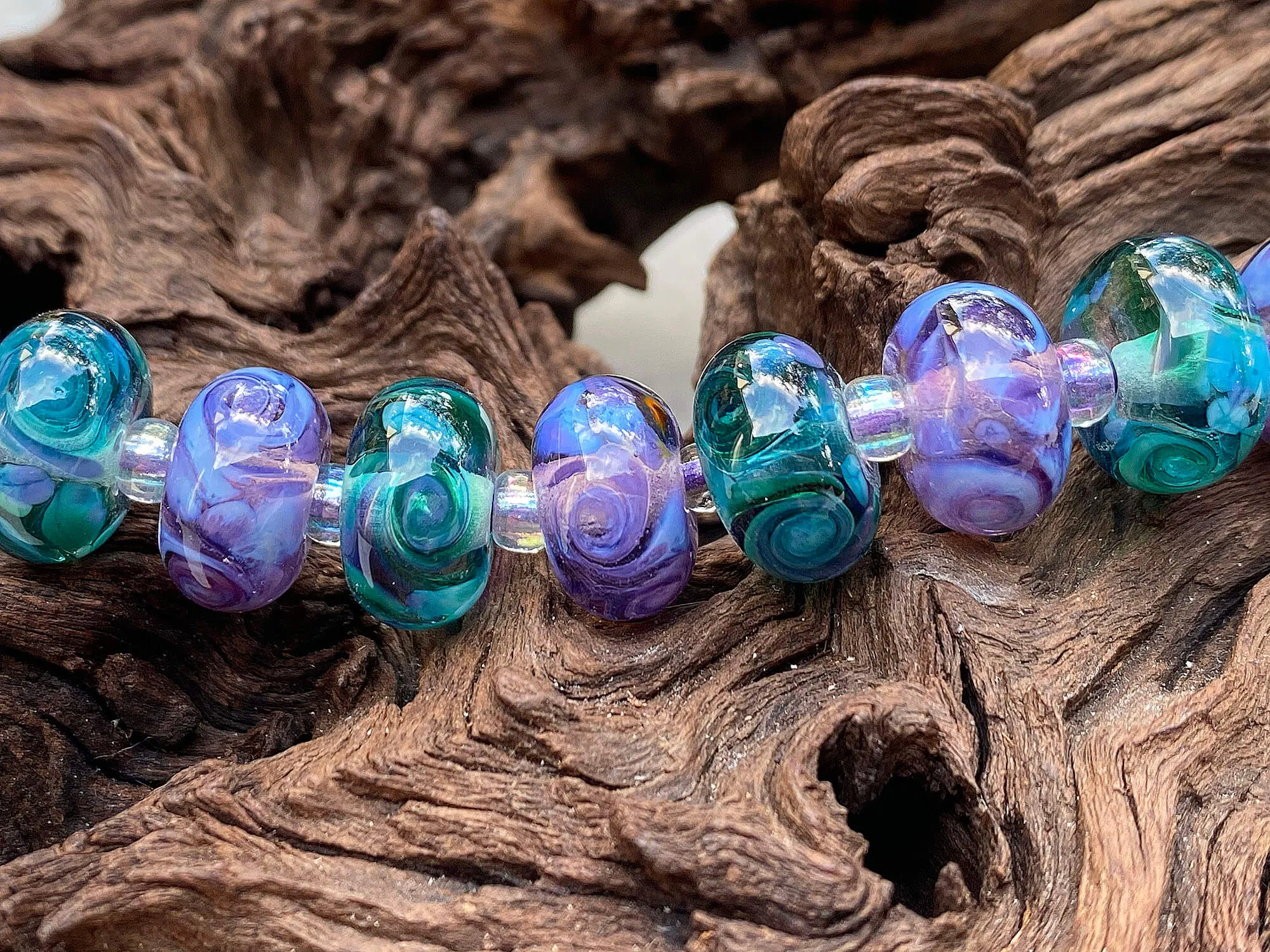 11 Purple & Teal Green Swirl Lampwork Beads Set SRA