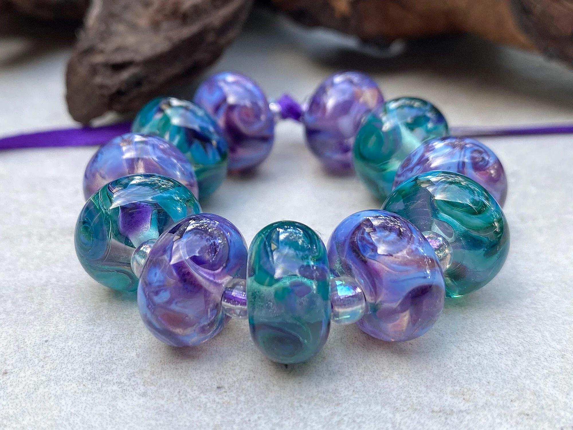 11 Purple & Teal Green Swirl Lampwork Beads Set SRA