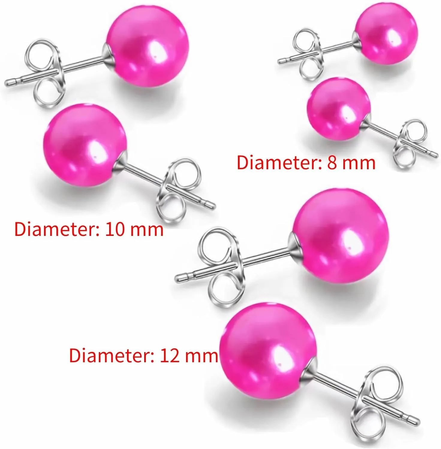 3 pairs pink pearl earrings for Women,(8mm/10mm/12mm) big hot pink Round pearl stud earrings for women.