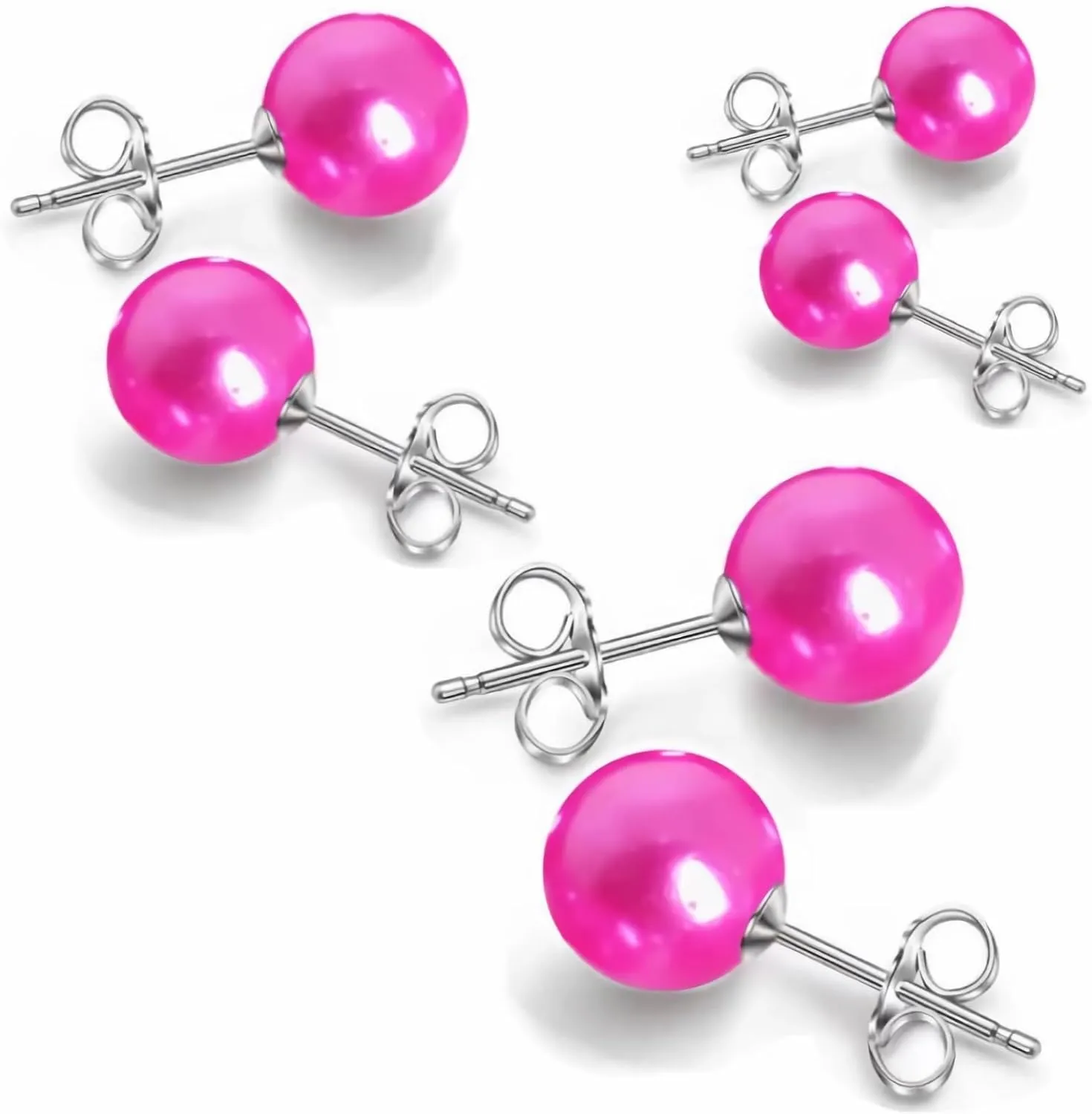 3 pairs pink pearl earrings for Women,(8mm/10mm/12mm) big hot pink Round pearl stud earrings for women.