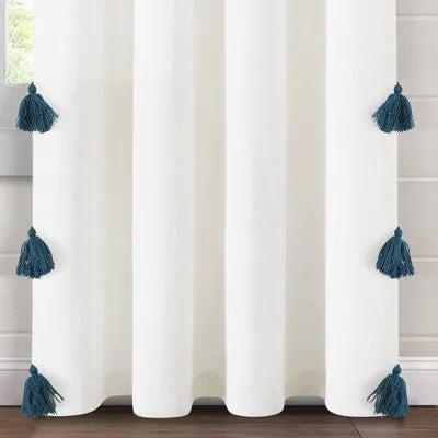 84"x52" Boho Faux Linen Texture Tassel Rod Pocket Window Curtain Panels Turquoise - Lush Décor