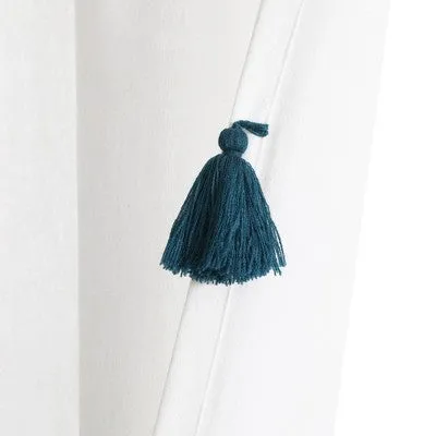 84"x52" Boho Faux Linen Texture Tassel Rod Pocket Window Curtain Panels Turquoise - Lush Décor