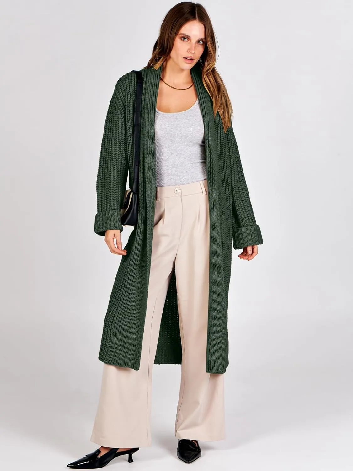 ANRABESS Women Knit Long Cardigan Long Sleeve Open Front Lapel Oversized Sweater Coat 2025 Fall Duster Outerwear Clothes