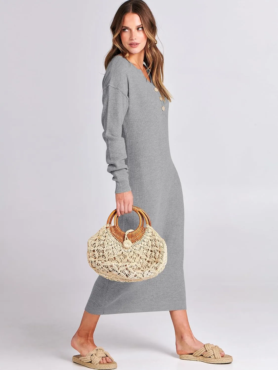 ANRABESS Women Long Sleeve Button V Neck Oversized Casual Loose Fit Waffle Knit Fall Midi Sweater Dress 2025 Trendy Outfits