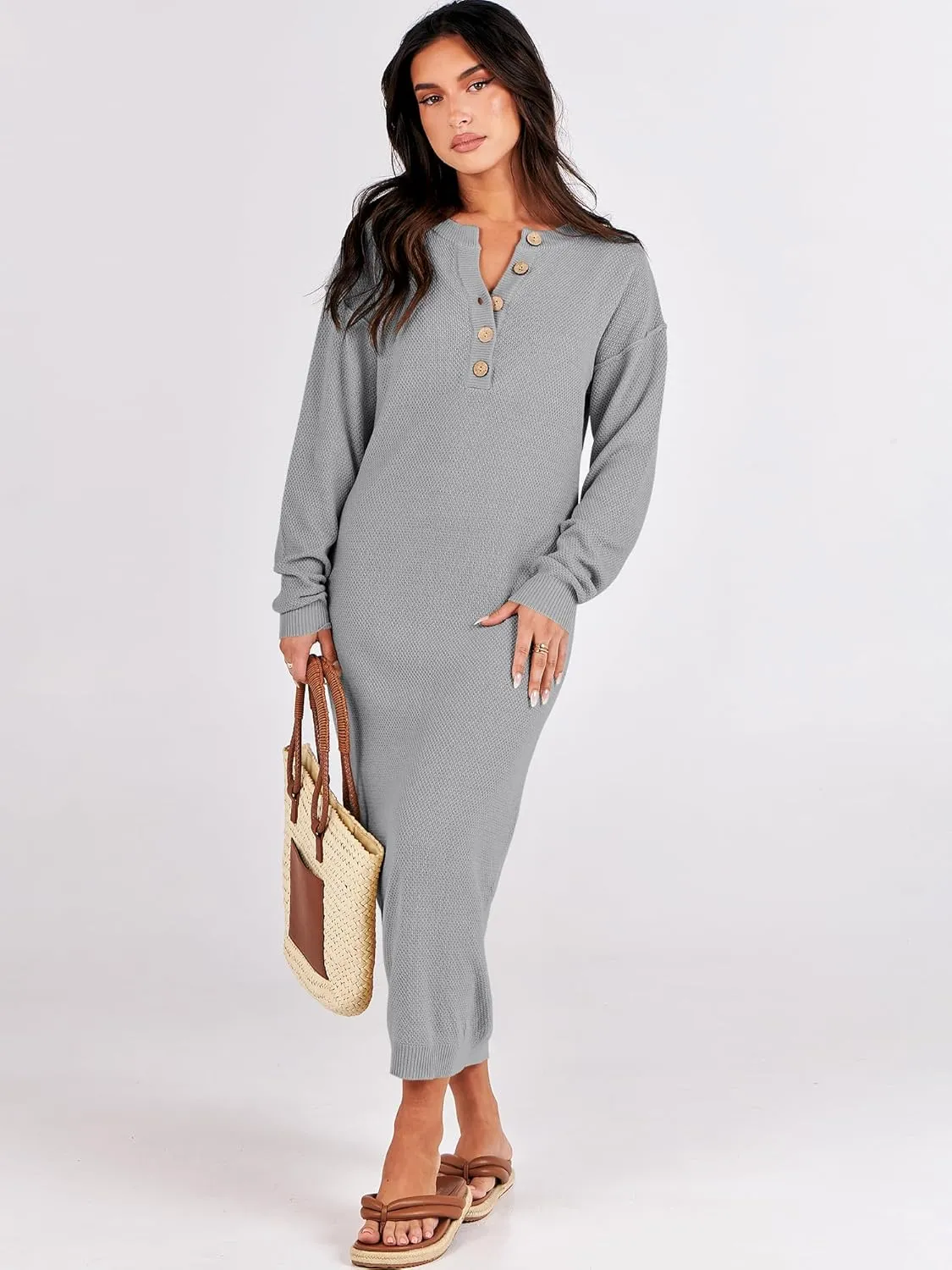 ANRABESS Women Long Sleeve Button V Neck Oversized Casual Loose Fit Waffle Knit Fall Midi Sweater Dress 2025 Trendy Outfits