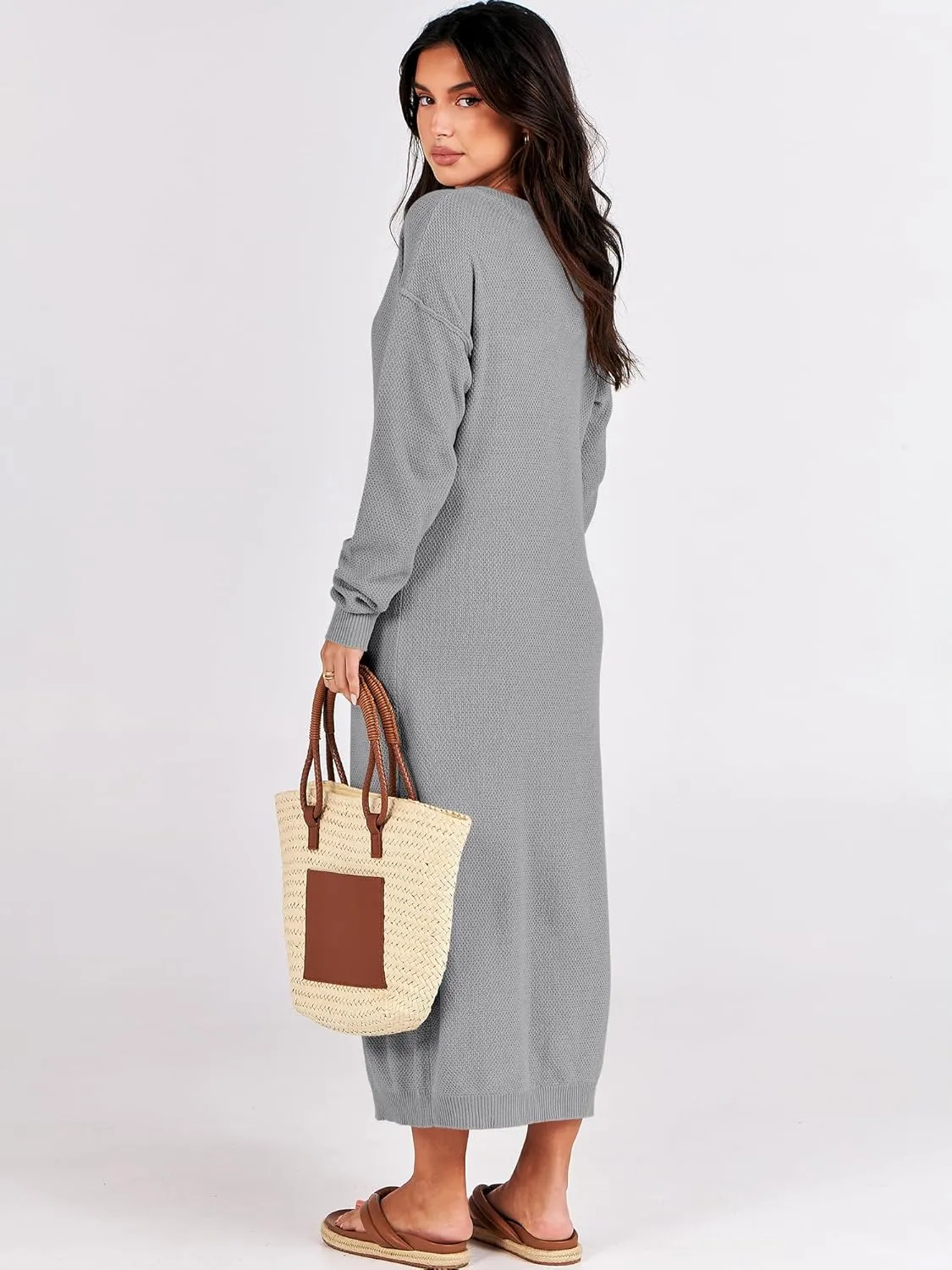ANRABESS Women Long Sleeve Button V Neck Oversized Casual Loose Fit Waffle Knit Fall Midi Sweater Dress 2025 Trendy Outfits