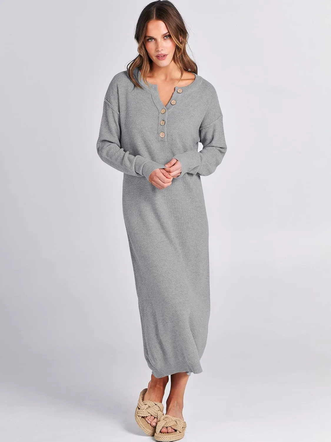 ANRABESS Women Long Sleeve Button V Neck Oversized Casual Loose Fit Waffle Knit Fall Midi Sweater Dress 2025 Trendy Outfits