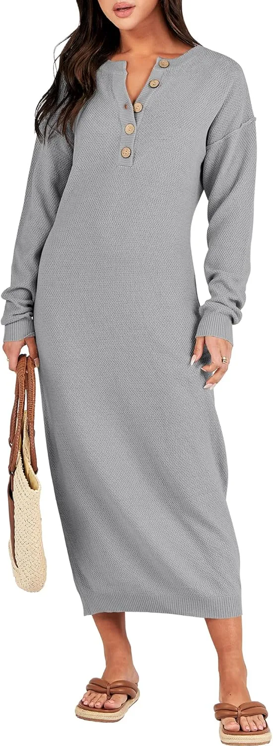 ANRABESS Women Long Sleeve Button V Neck Oversized Casual Loose Fit Waffle Knit Fall Midi Sweater Dress 2025 Trendy Outfits