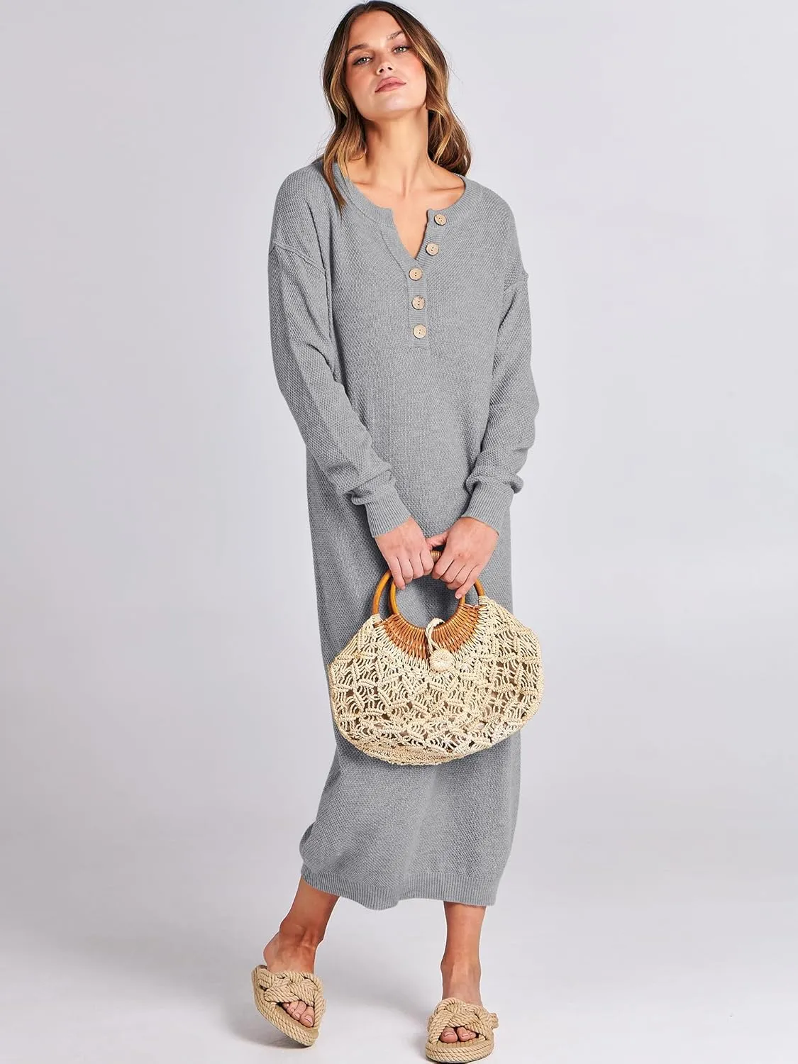 ANRABESS Women Long Sleeve Button V Neck Oversized Casual Loose Fit Waffle Knit Fall Midi Sweater Dress 2025 Trendy Outfits