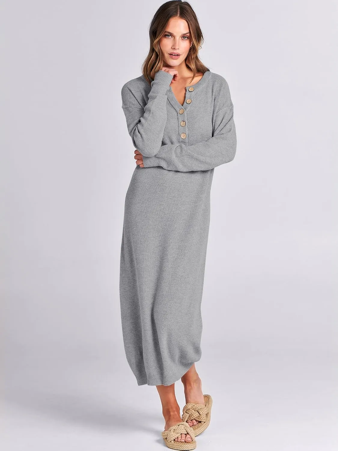 ANRABESS Women Long Sleeve Button V Neck Oversized Casual Loose Fit Waffle Knit Fall Midi Sweater Dress 2025 Trendy Outfits