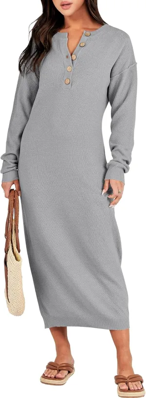 ANRABESS Women Long Sleeve Button V Neck Oversized Casual Loose Fit Waffle Knit Fall Midi Sweater Dress 2025 Trendy Outfits