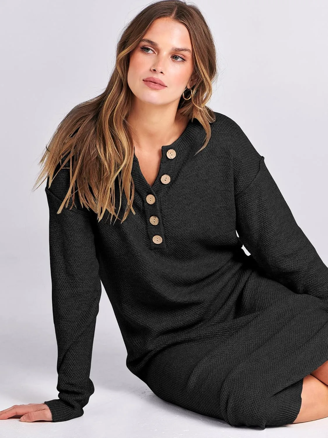 ANRABESS Women Long Sleeve Button V Neck Oversized Casual Loose Fit Waffle Knit Fall Midi Sweater Dress 2025 Trendy Outfits