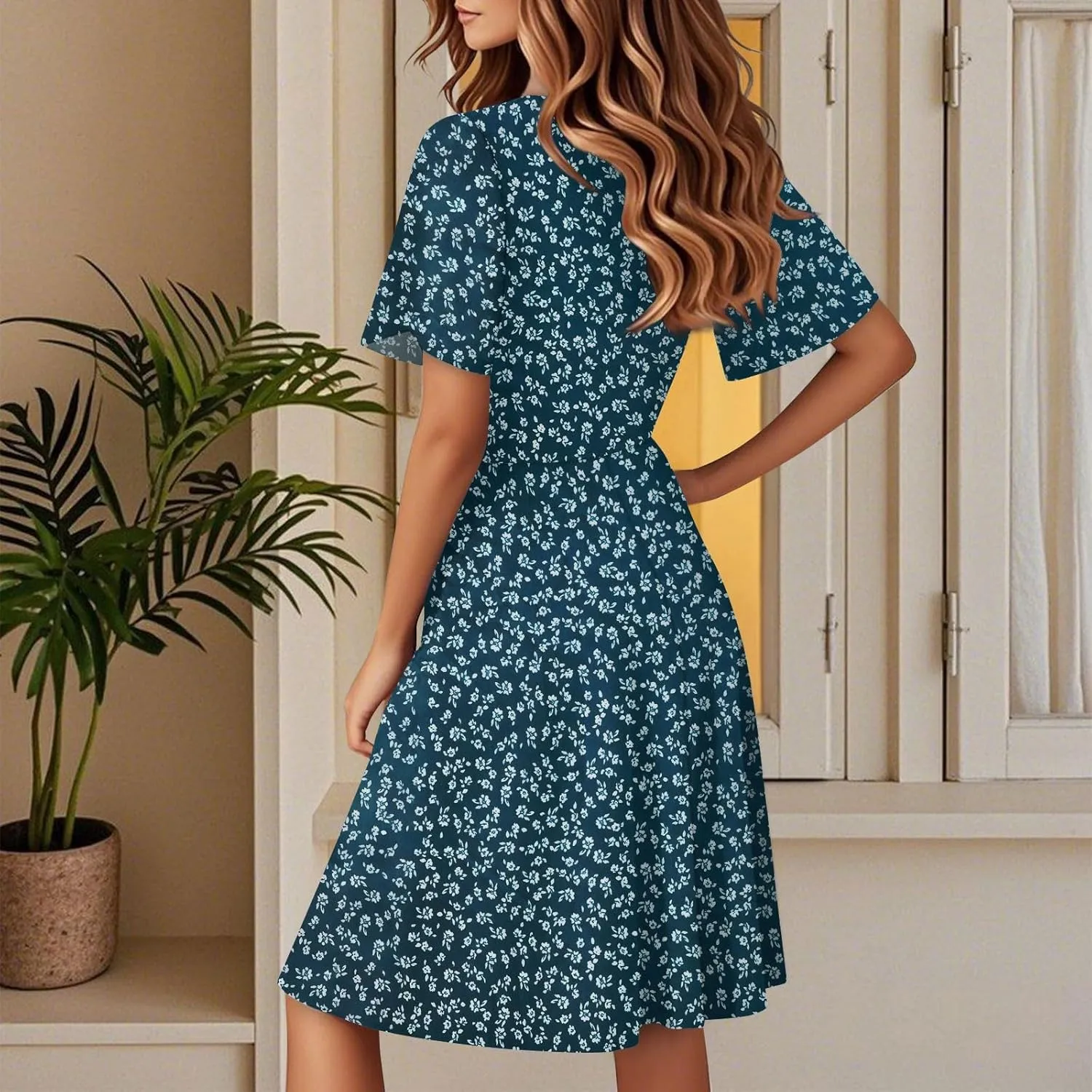 Boho Summer Dress for Women 2025 V Neck Casual Floral Wrap Dresses Short Sleeve A-Line Midi Vacation Beach Sundress