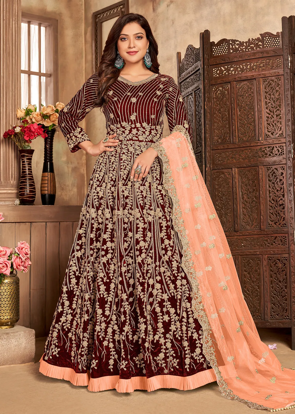 Brownish Red Velvet Floor Length Designer Anarkali Suit