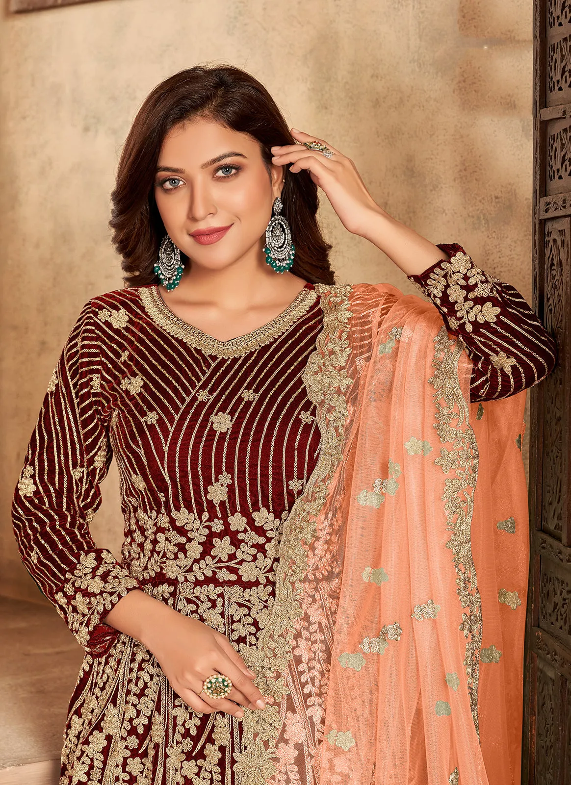 Brownish Red Velvet Floor Length Designer Anarkali Suit