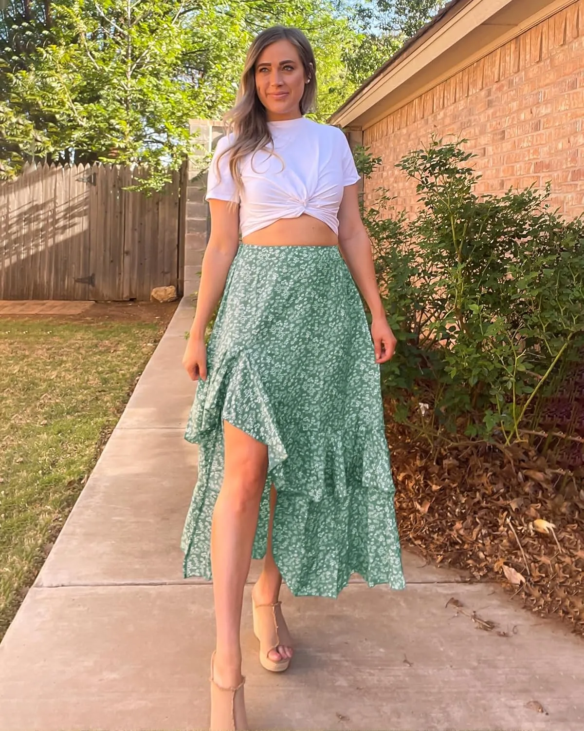 BTFBM Women 2025 Summer Spring Boho Long Skirts Dress Floral Print Elastic Waist Split Ruffle High Low Beach Maxi Skirt