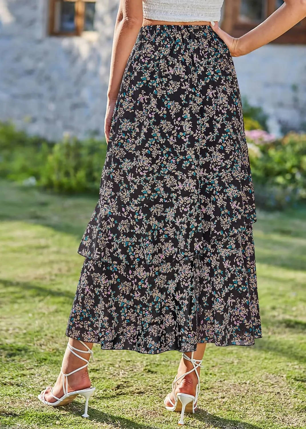 BTFBM Women 2025 Summer Spring Boho Long Skirts Dress Floral Print Elastic Waist Split Ruffle High Low Beach Maxi Skirt