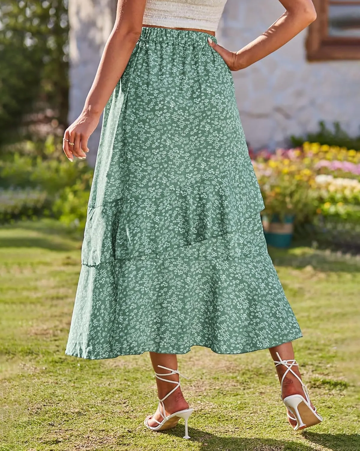 BTFBM Women 2025 Summer Spring Boho Long Skirts Dress Floral Print Elastic Waist Split Ruffle High Low Beach Maxi Skirt