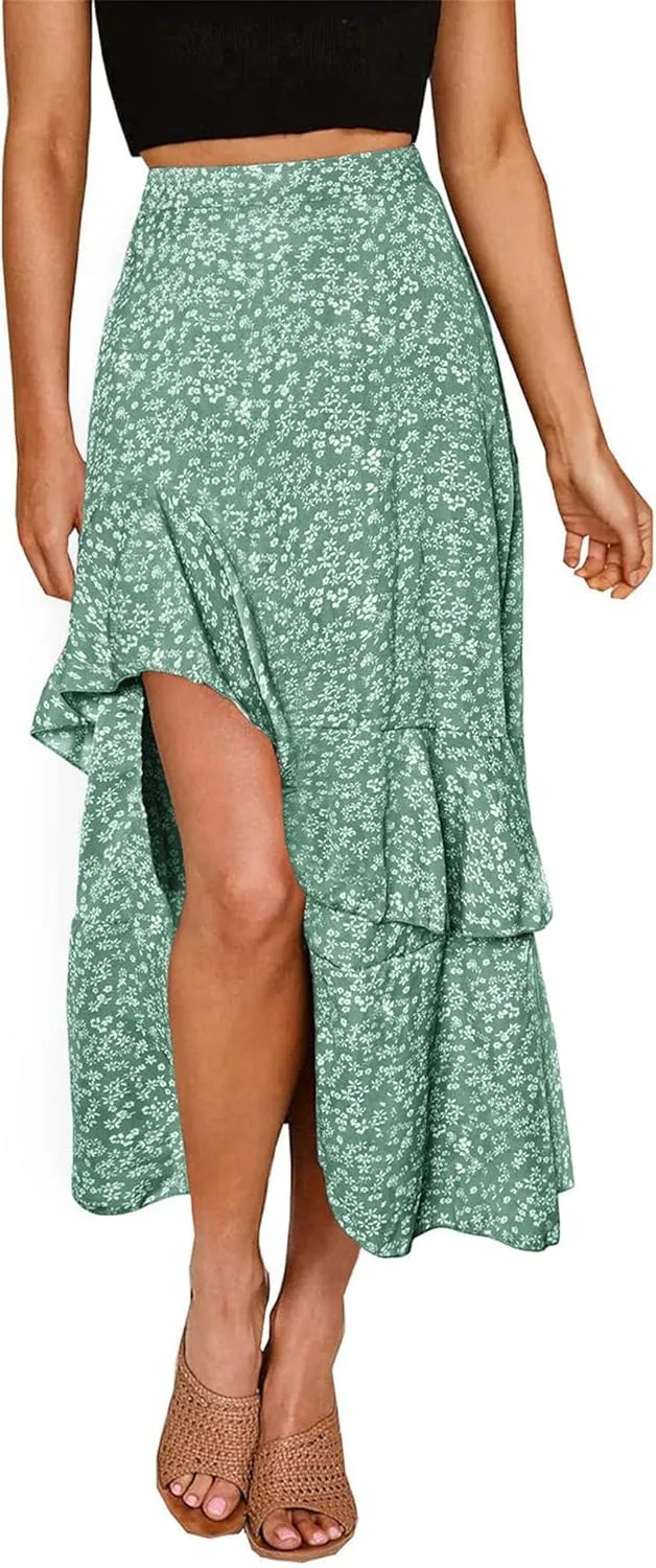 BTFBM Women 2025 Summer Spring Boho Long Skirts Dress Floral Print Elastic Waist Split Ruffle High Low Beach Maxi Skirt