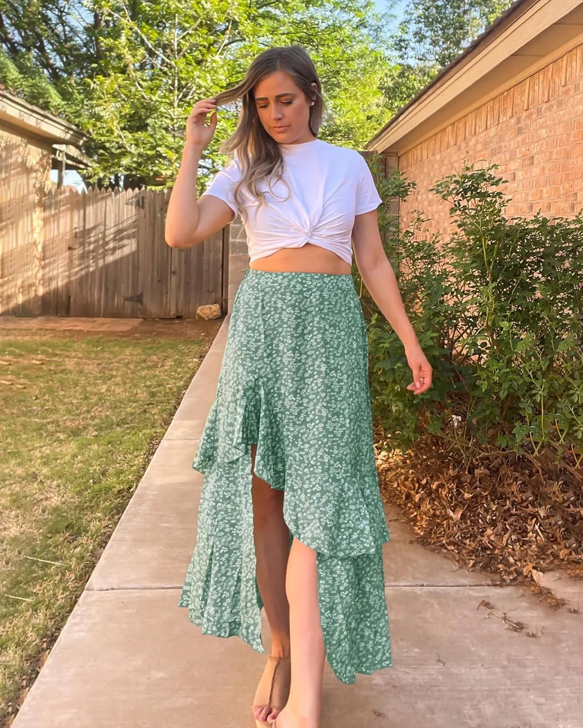 BTFBM Women 2025 Summer Spring Boho Long Skirts Dress Floral Print Elastic Waist Split Ruffle High Low Beach Maxi Skirt