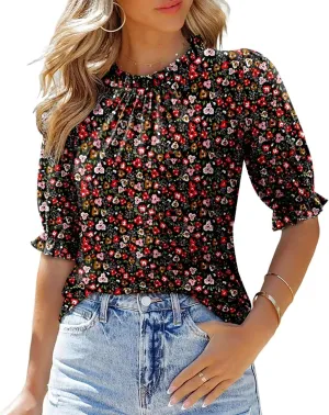 CHICZONE Women's Mock Neck Summer Tops Ruffle Short Sleeve Keyhole Back Casual Boho Blouses