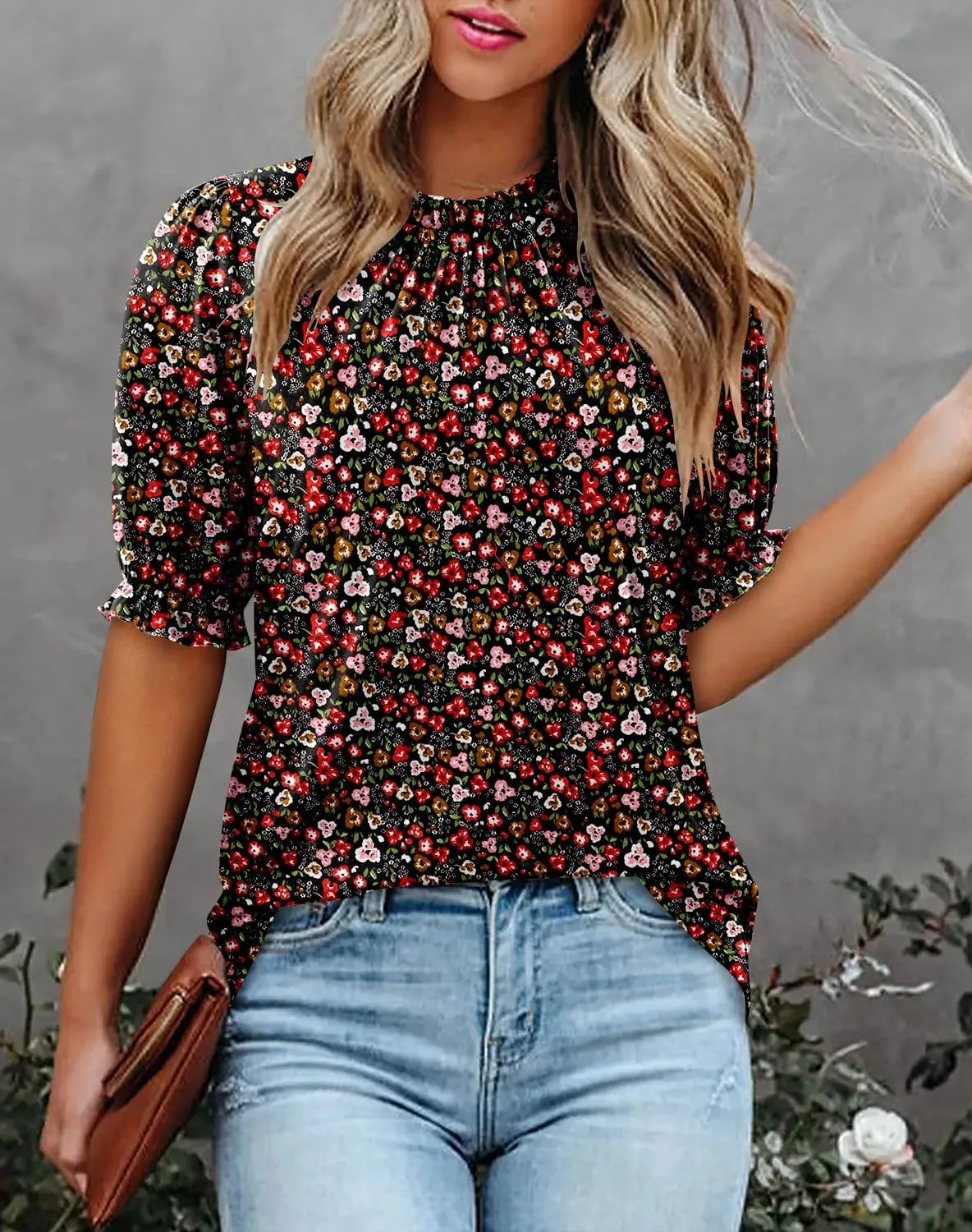 CHICZONE Women's Mock Neck Summer Tops Ruffle Short Sleeve Keyhole Back Casual Boho Blouses