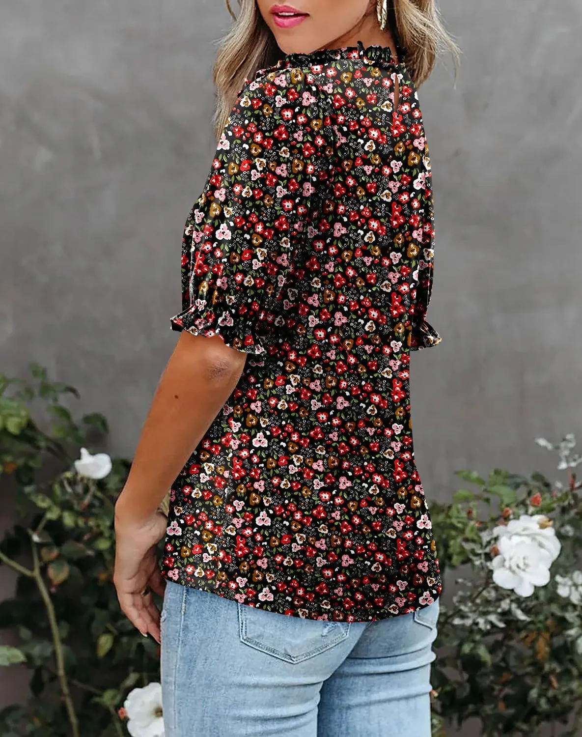 CHICZONE Women's Mock Neck Summer Tops Ruffle Short Sleeve Keyhole Back Casual Boho Blouses