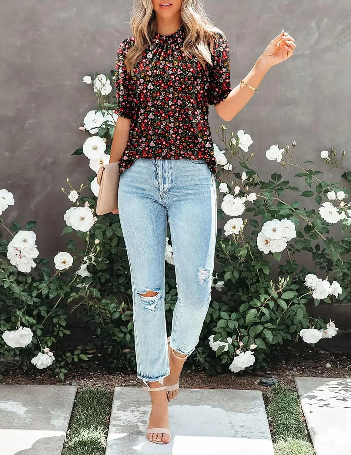 CHICZONE Women's Mock Neck Summer Tops Ruffle Short Sleeve Keyhole Back Casual Boho Blouses