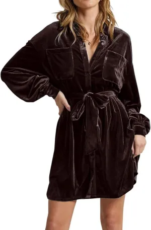 chouyatou Women's Elegant Long Sleeve Button Down Velvet Shirt Mini Dress with Belt
