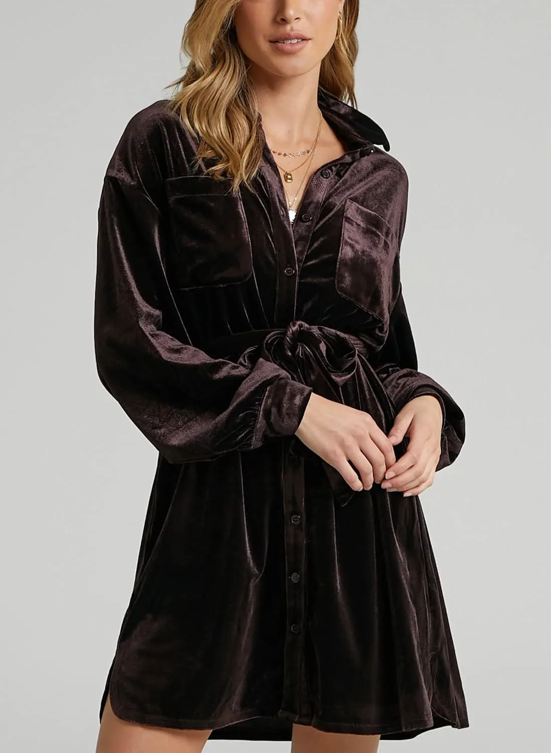 chouyatou Women's Elegant Long Sleeve Button Down Velvet Shirt Mini Dress with Belt