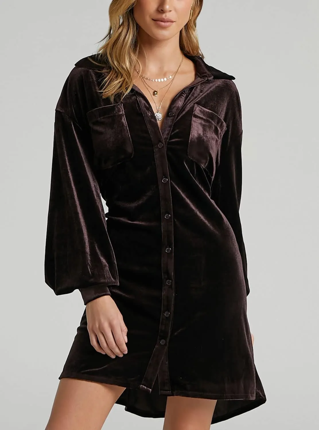 chouyatou Women's Elegant Long Sleeve Button Down Velvet Shirt Mini Dress with Belt