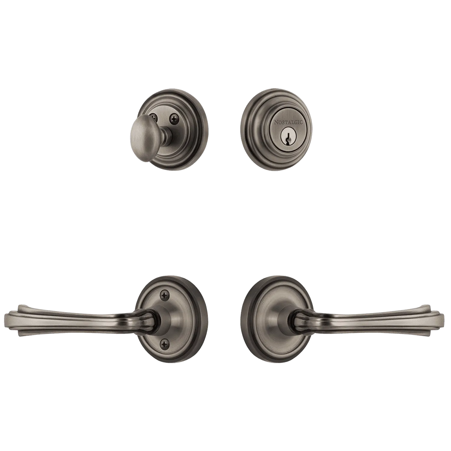 Classic Rosette Entry Set with Fleur Lever in Antique Pewter
