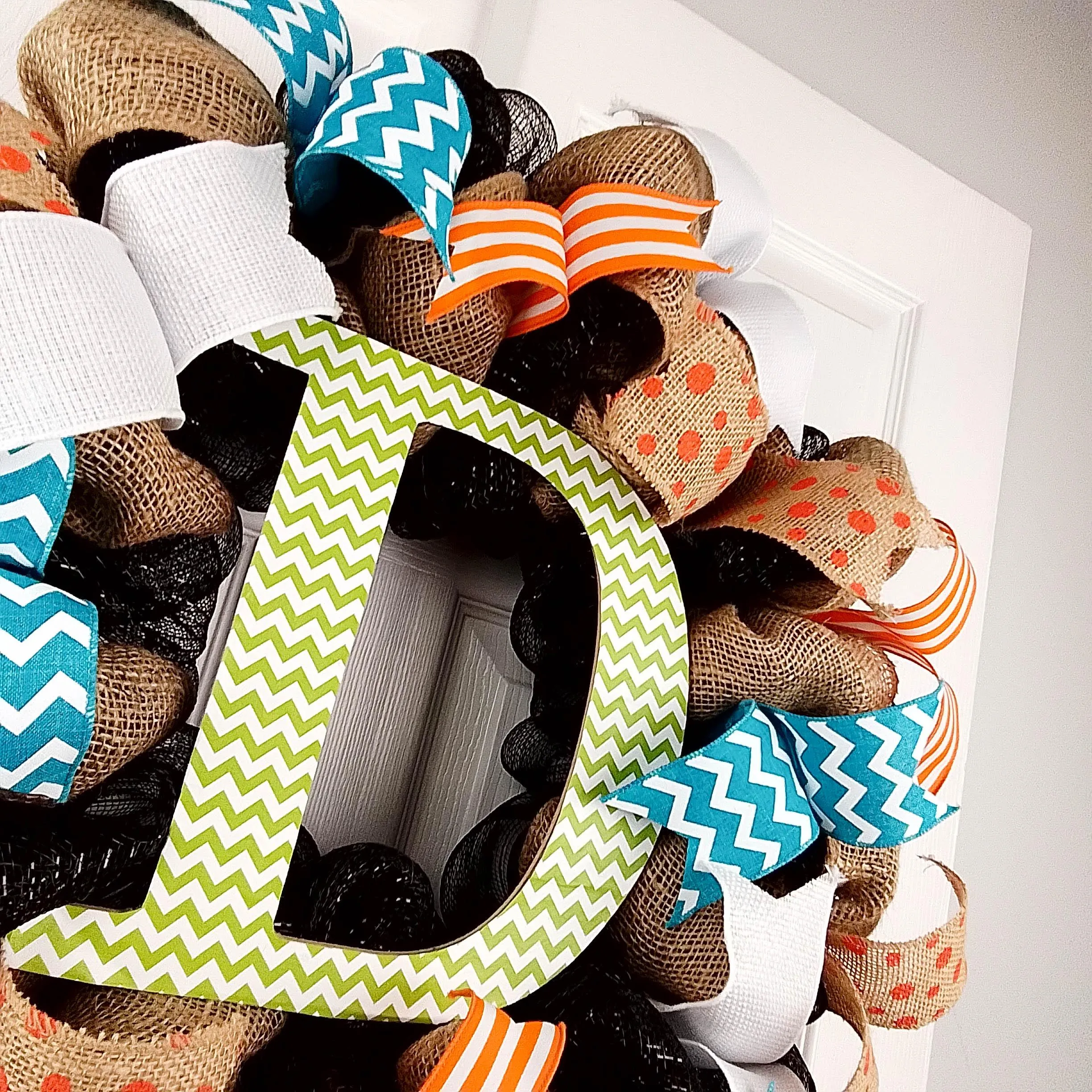 Custom Door Wreath, Burlap Monogram Wreath, Black Orange