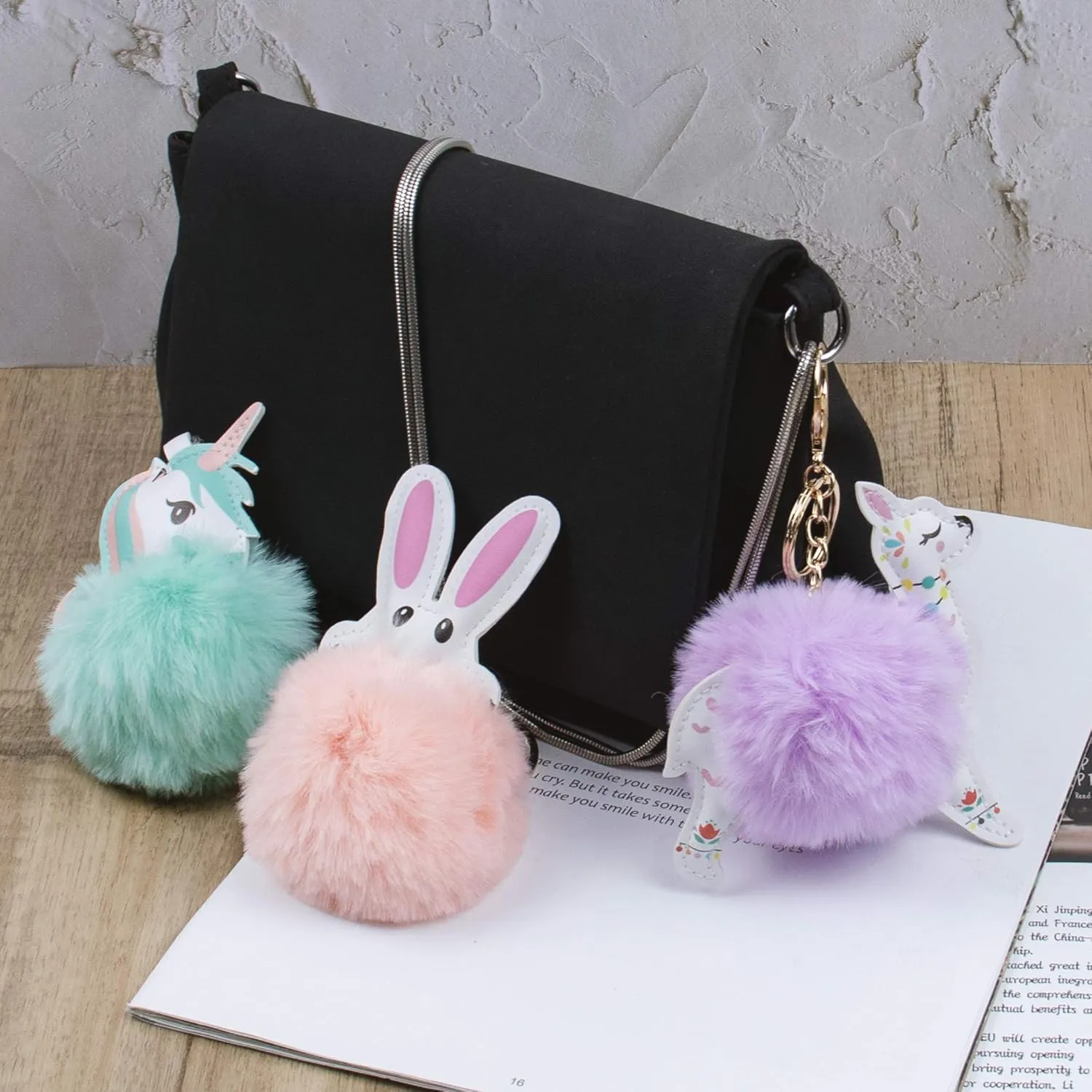 Cute Animal Pom Poms Keychain Ball Faux Fur Fluffy Key Ring Keychains for Women Girls Bag Purse