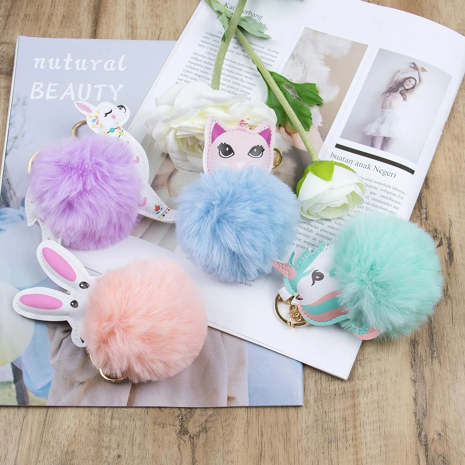 Cute Animal Pom Poms Keychain Ball Faux Fur Fluffy Key Ring Keychains for Women Girls Bag Purse