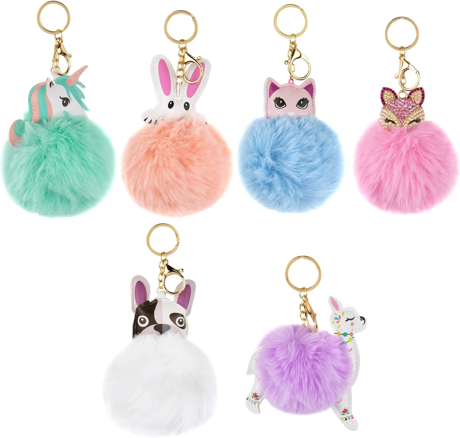 Cute Animal Pom Poms Keychain Ball Faux Fur Fluffy Key Ring Keychains for Women Girls Bag Purse