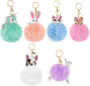 Cute Animal Pom Poms Keychain Ball Faux Fur Fluffy Key Ring Keychains for Women Girls Bag Purse