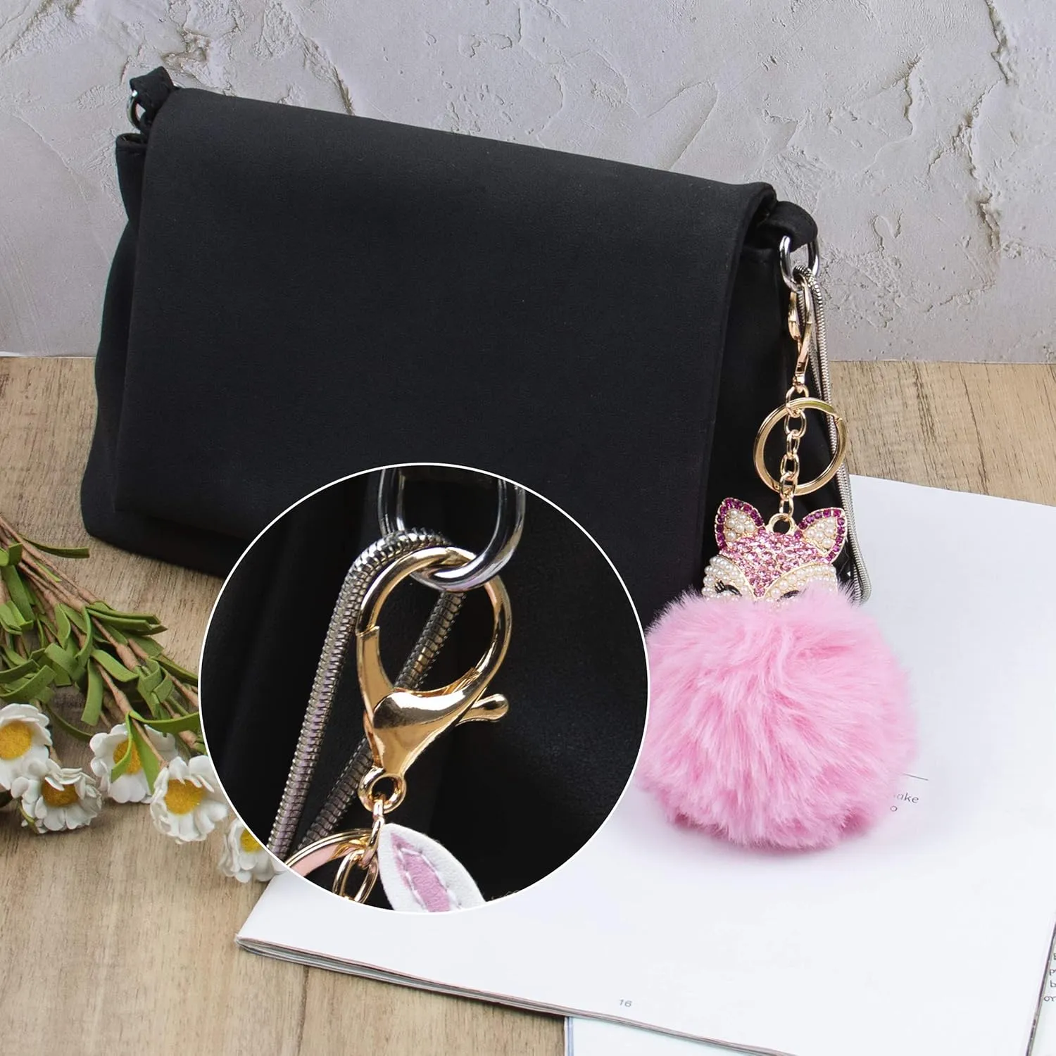 Cute Animal Pom Poms Keychain Ball Faux Fur Fluffy Key Ring Keychains for Women Girls Bag Purse
