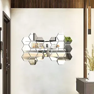 DecorWear 22 Hexagon Mirror Silver Plastic Wall Stickers for Wall Size (10.5x12.1) Cm Acrylic Mirror Wall Decor Sticker, Wall Mirror Stickers, 3D Hexagonal Mirror Wall Sticker (C-22HexaSilver)