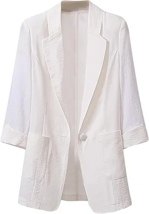 DESKABLY Blazer Jackets for Women Open Front Business Trench Long Sleeve Suit Coat Cotton Linen Outerwear with Pockets White