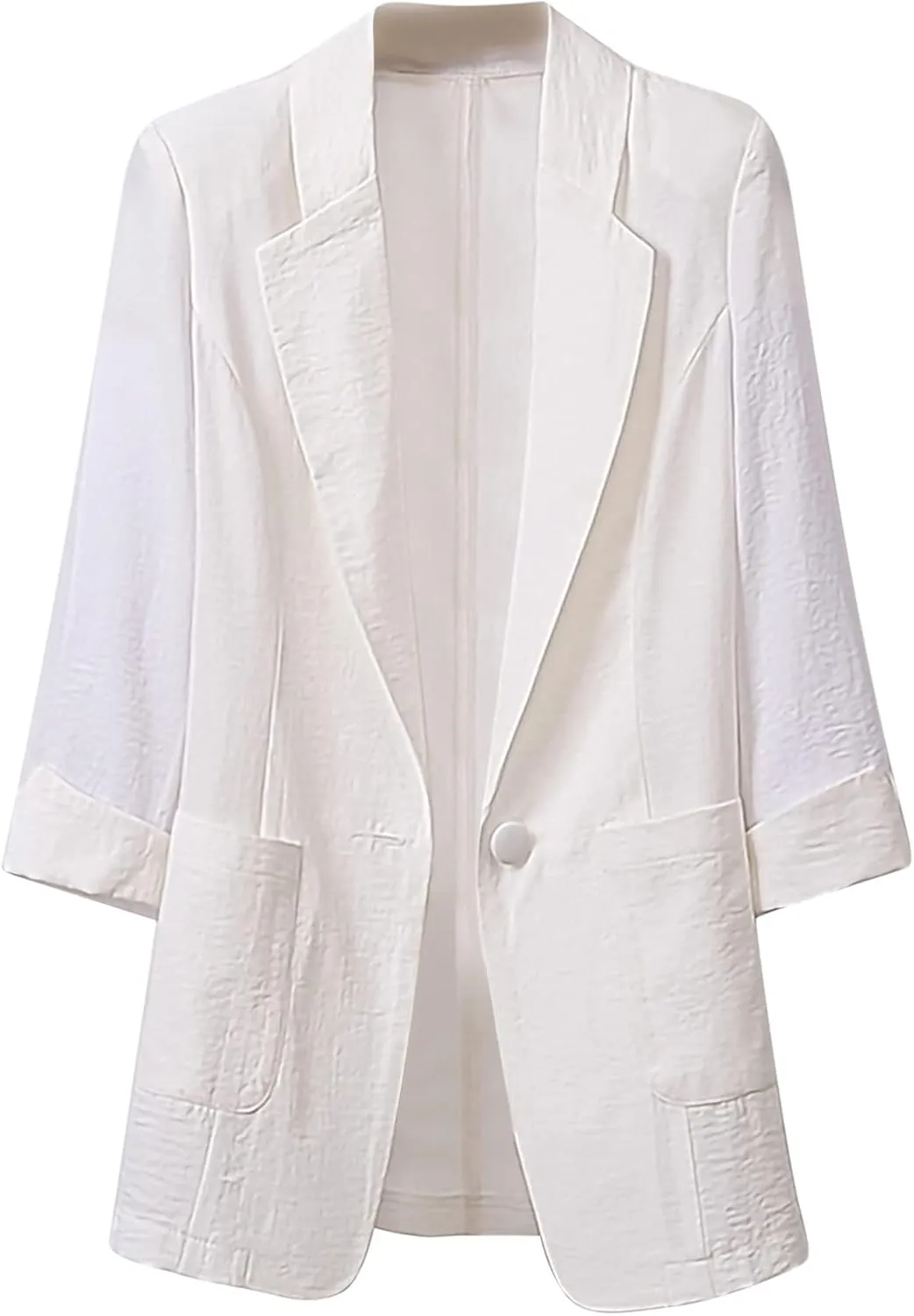 DESKABLY Blazer Jackets for Women Open Front Business Trench Long Sleeve Suit Coat Cotton Linen Outerwear with Pockets White