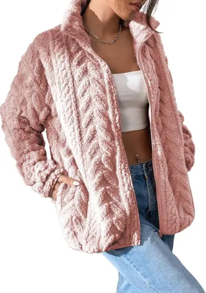 Dokotoo Fleece Jacket for Women's Oversized Zip Up Oversized Long Sleeves Teddy Bear Coat Stand Collar with Pockets Solid Color Outerwears Plus Size,Pink Small