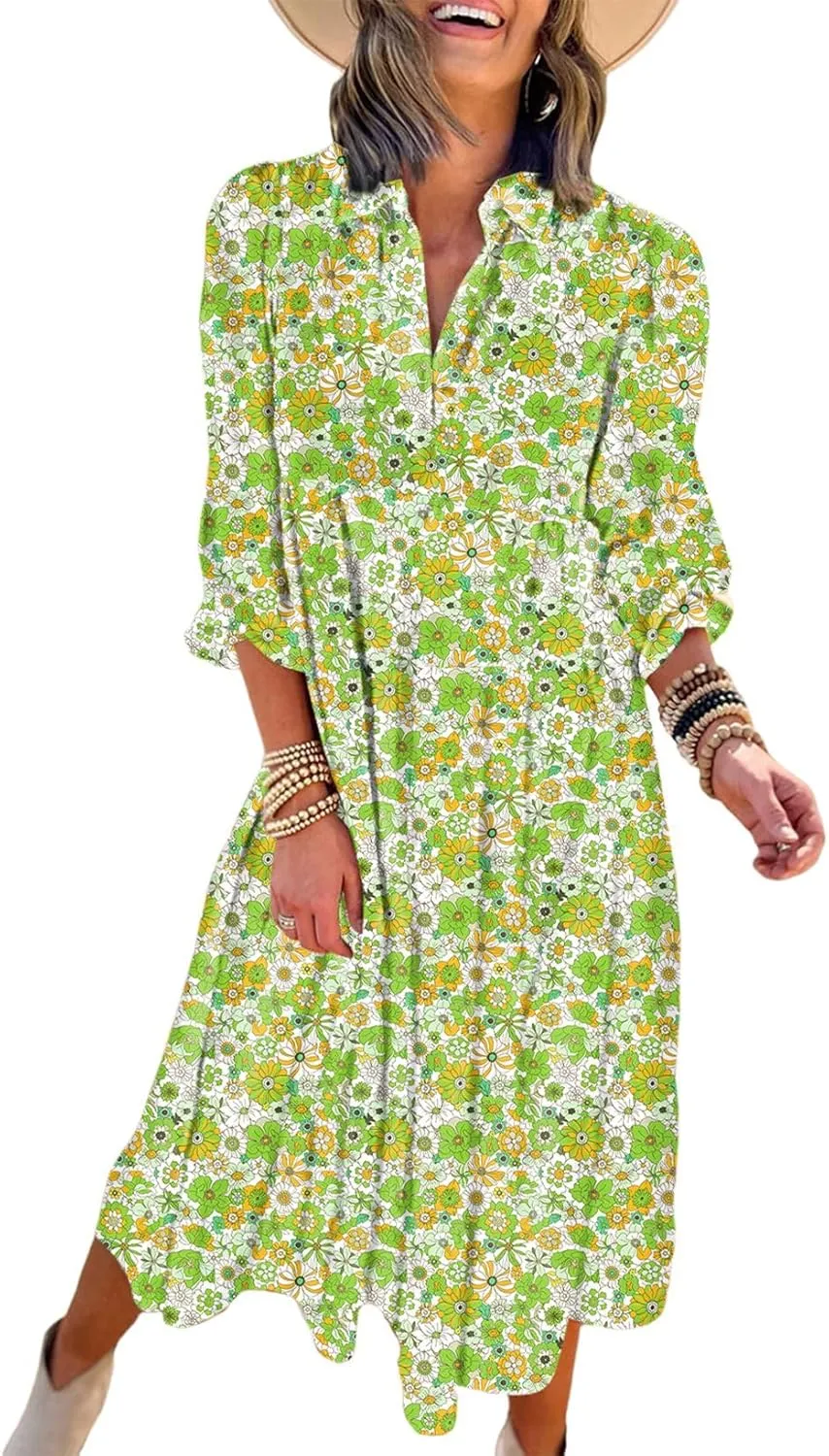 Dokotoo Women's Casual Loose Bohemian Floral Dresses 2025 Long Puff Sleeve V Neck Ruffle A Line Flowy Summer Beach Dress