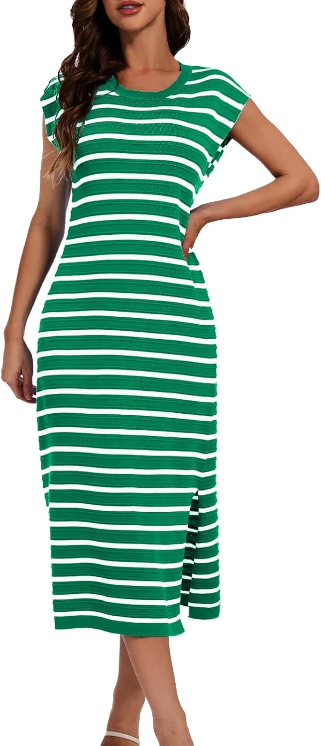 DRESSTELLS Women Summer Casual Striped Dresses, Knit Crew Neck Sleeveless Slit Hem Color Block Loose Midi Beach Dress