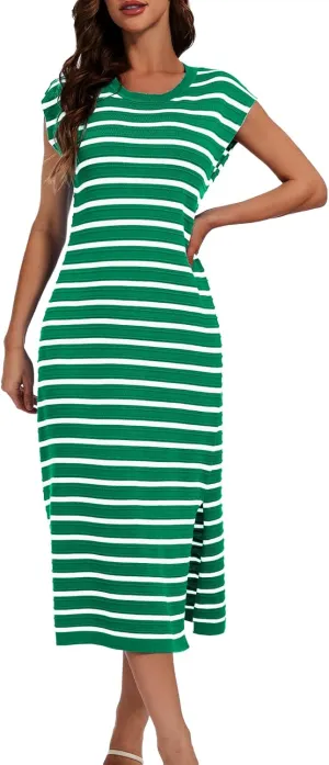 DRESSTELLS Women Summer Casual Striped Dresses, Knit Crew Neck Sleeveless Slit Hem Color Block Loose Midi Beach Dress