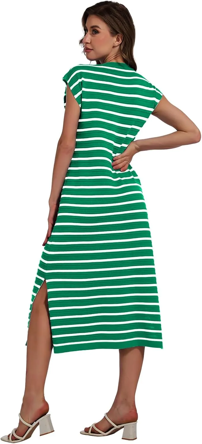 DRESSTELLS Women Summer Casual Striped Dresses, Knit Crew Neck Sleeveless Slit Hem Color Block Loose Midi Beach Dress
