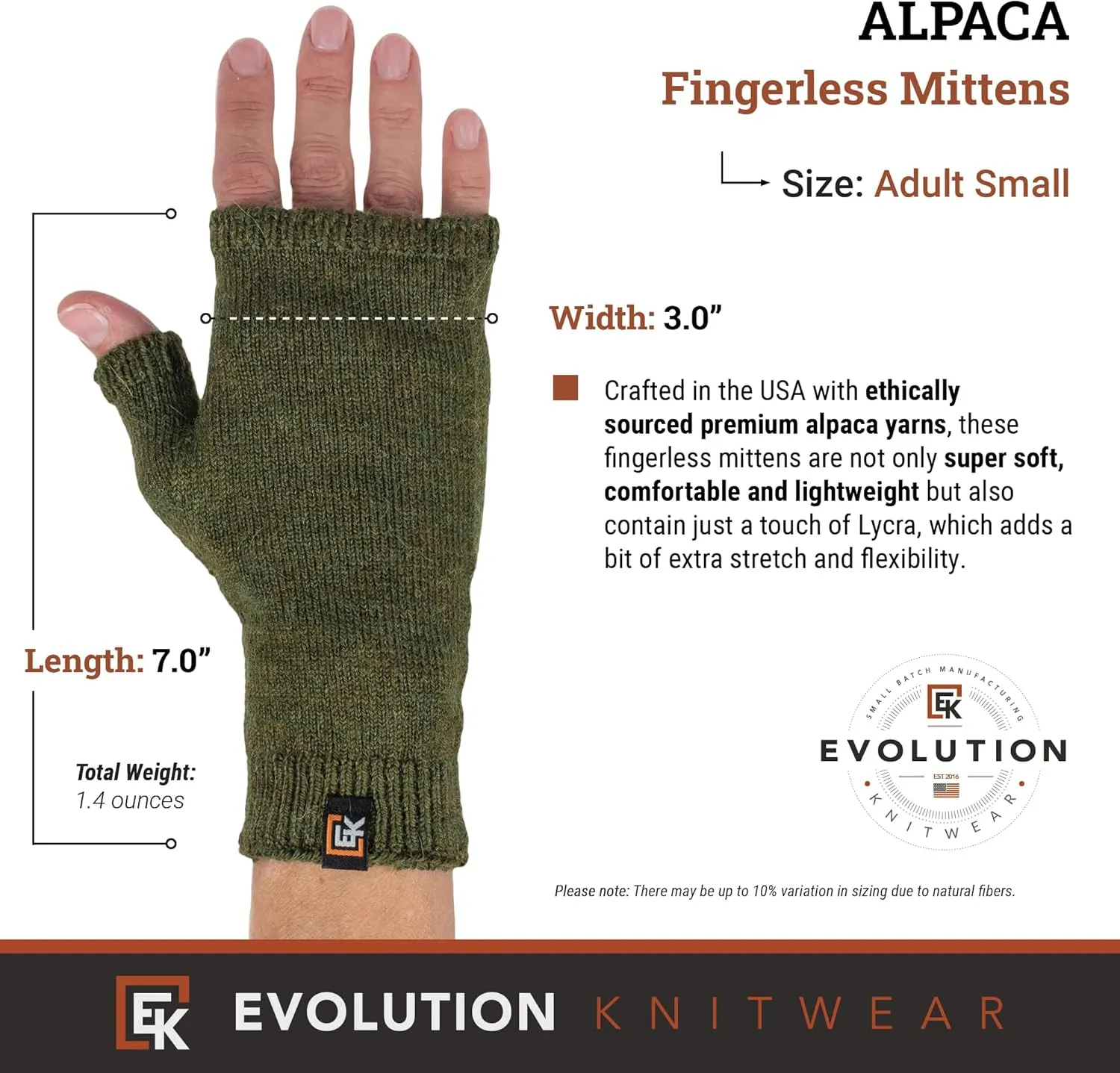 Evolution Knitwear Alpaca Knit Fingerless Mittens - Super Soft Baby Alpaca - Made in the USA - Small