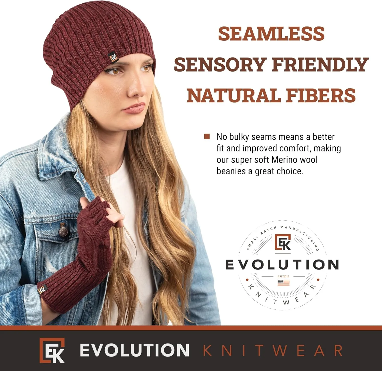 Evolution Knitwear Wool Rib Knit Beanie Hat for Men or Women - Super Soft Merino Wool - Made in The USA